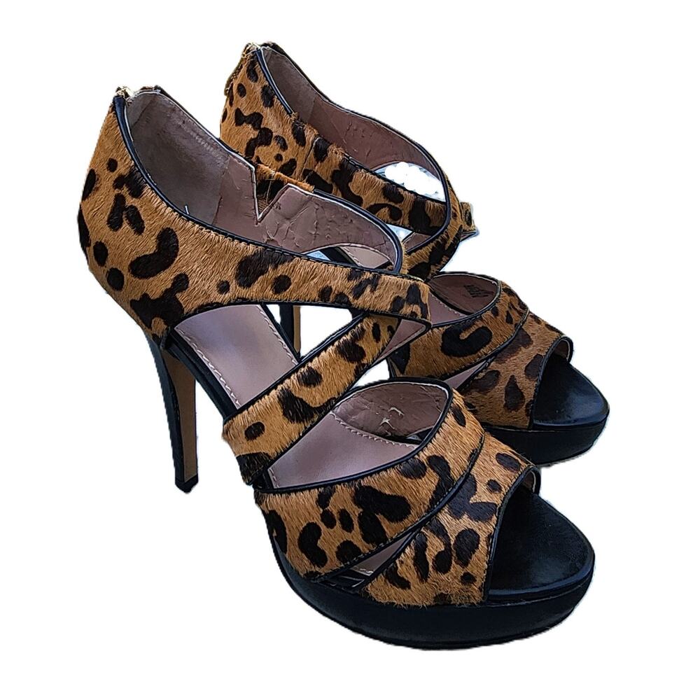 Vince Camuto Melva Leopard Print Calf Hair Strappy Stiletto Sandals 7.5